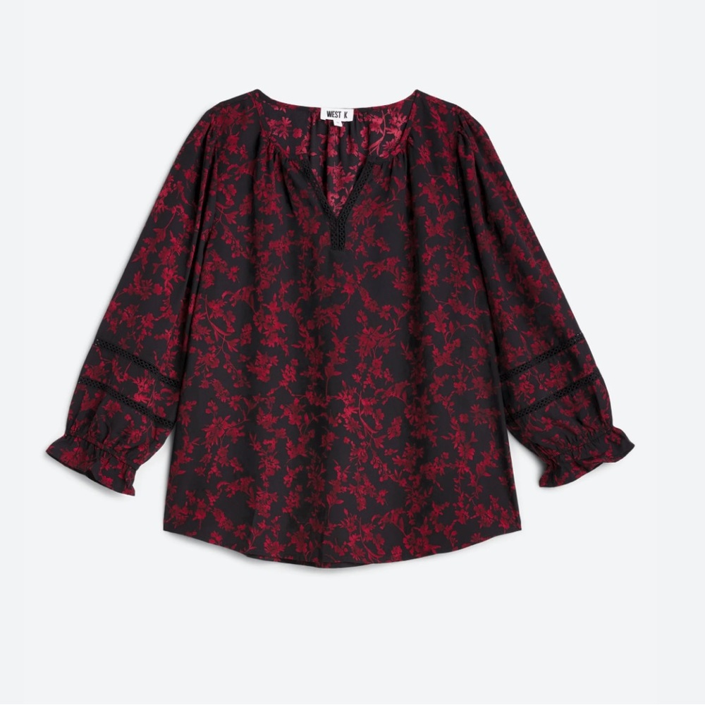 West K NWT Piper Crochet Trim Long Sleeve Blouse Red and Black Size Medium